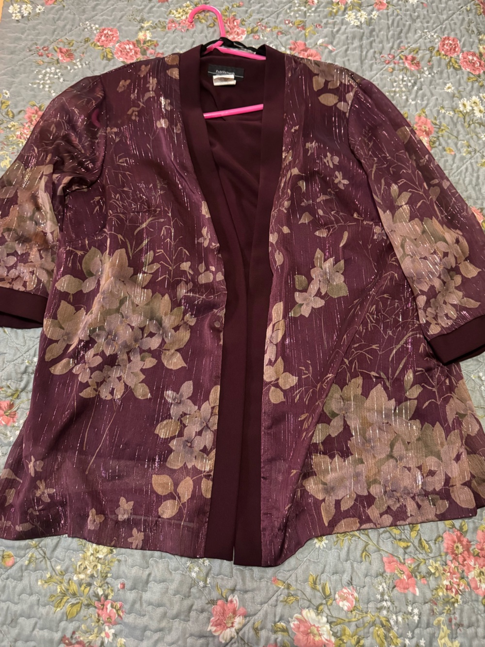 R&M Richards Women’s Petite 18WP Burgundy Metallic Floral Sheer Evening Jacket